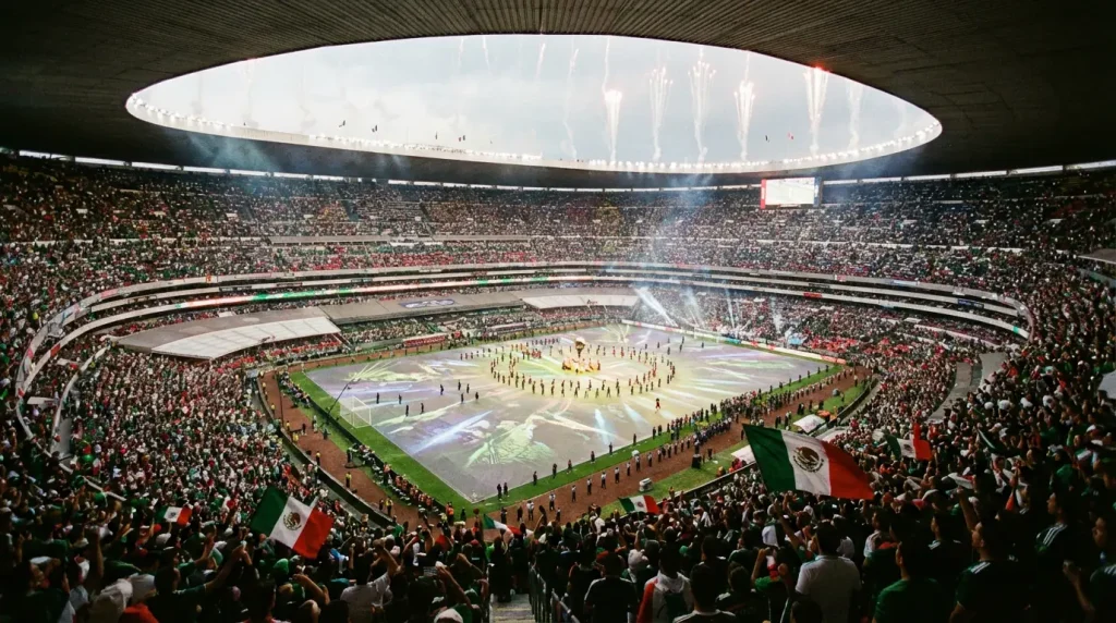 Estadio Azteca Mehiko ar pilnu stadionu pirms PK 2026 atklāšanas ceremonijas