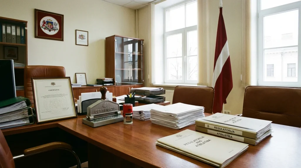 Latvijas karogs un sporta derību simboli ar IAUI licences zīmogu