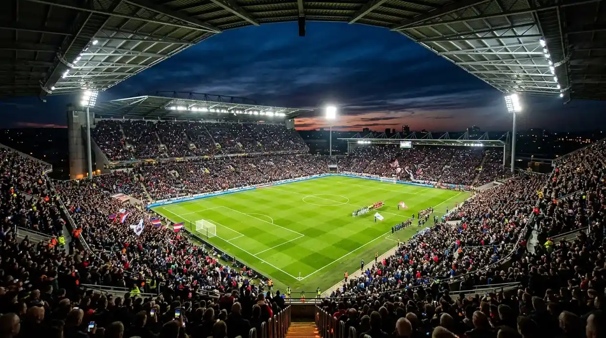 Vakara futbola stadions ar izgaismotu laukumu pirms izšķirošas grupu spēles