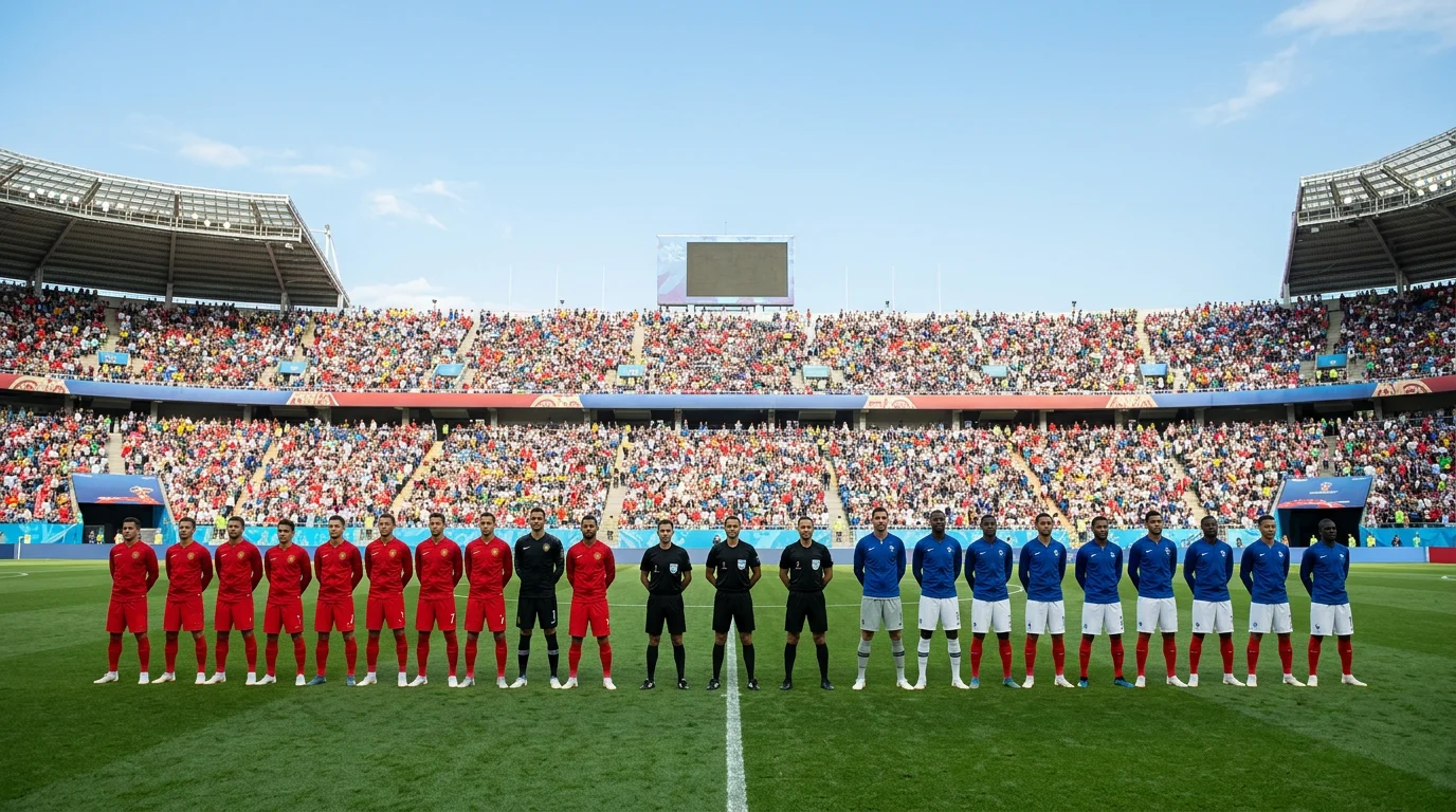 Futbola izlases ierindojas uz laukuma pirms Pasaules kausa spēles sākuma