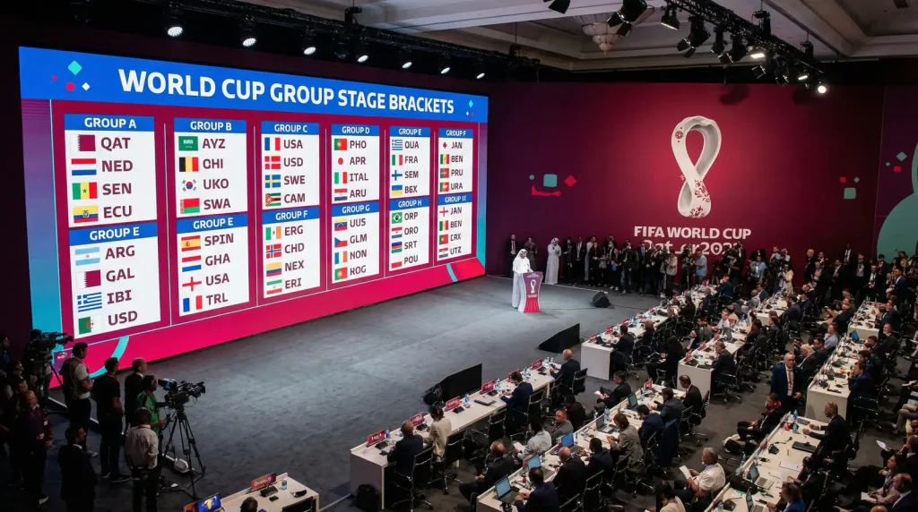 Pasaules kausa 2026 grupu izlozes vizualizācija ar 48 komandu karogiem