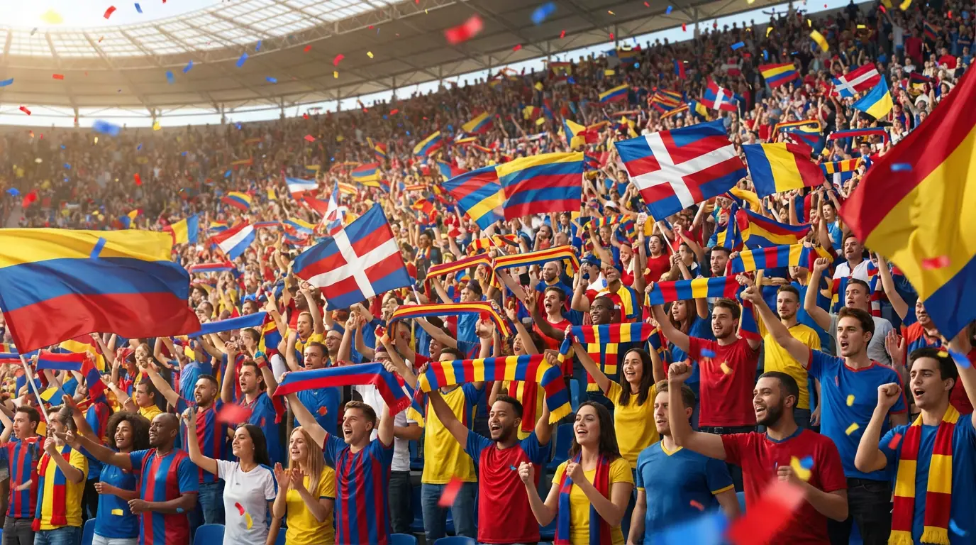 Futbola līdzjutēji ar karogiem un šallēm stadionā grupu posma laikā