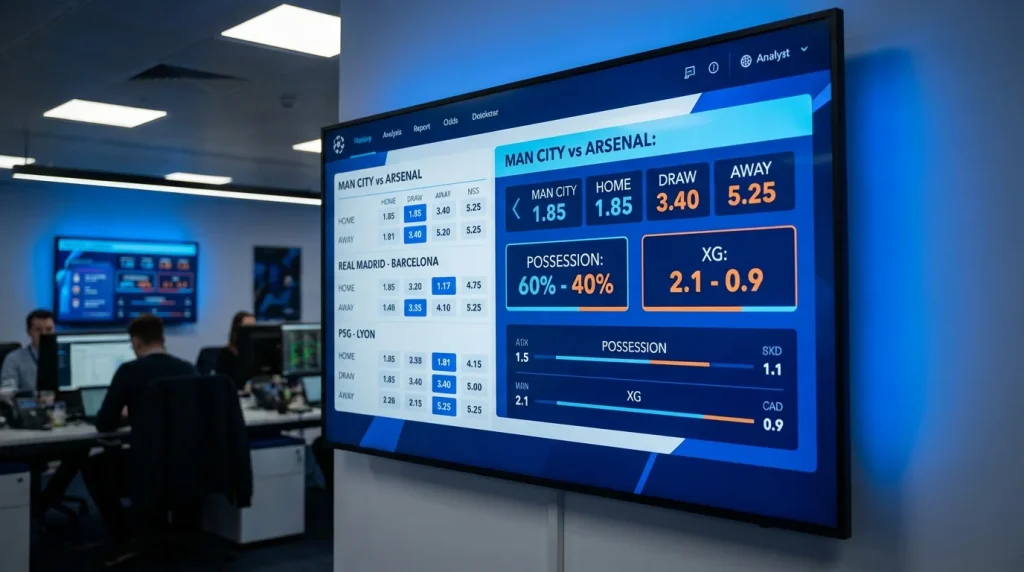 Digitāls ekrāns ar futbola derību koeficientiem un statistiku
