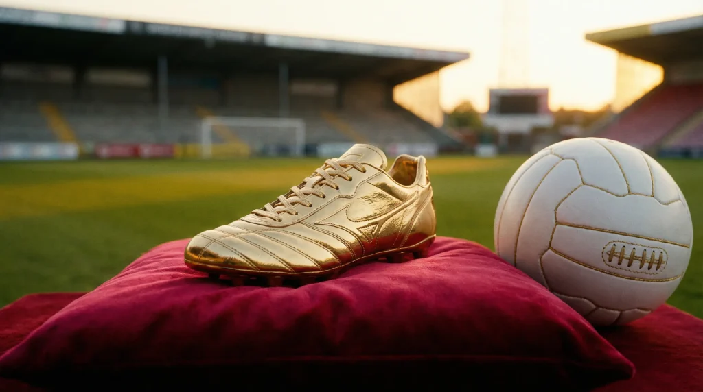 Zelta kurpes trofeja ar futbola bumbu un stadiona fons