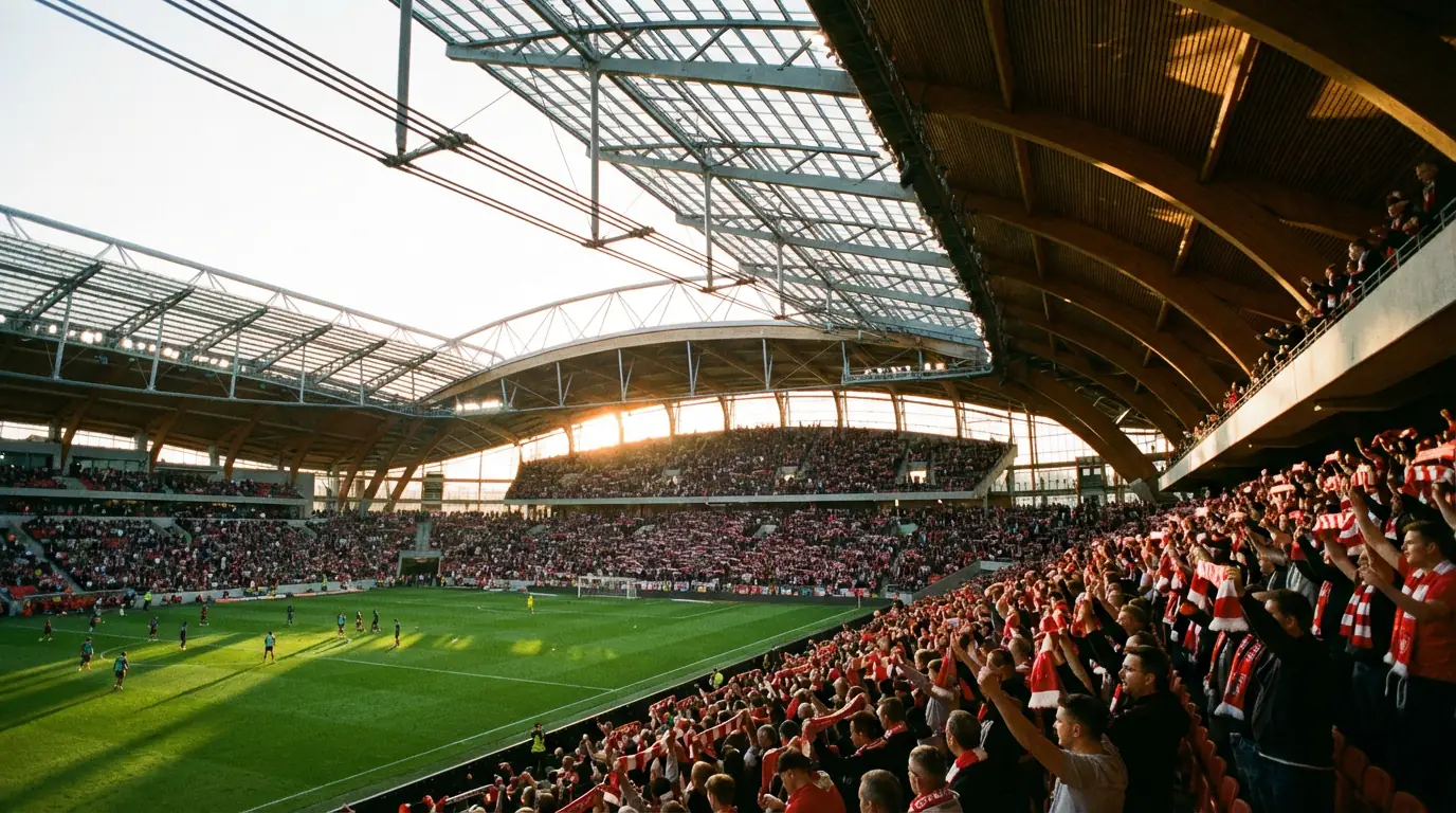 Pasaules Kauss 2026 stadions ar līdzjutēju tribīnēm un futbola atmosfēru