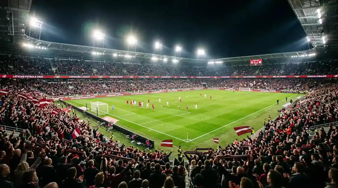Pilns stadions vakara spēlē PK 2026 ar prožektoru gaismu