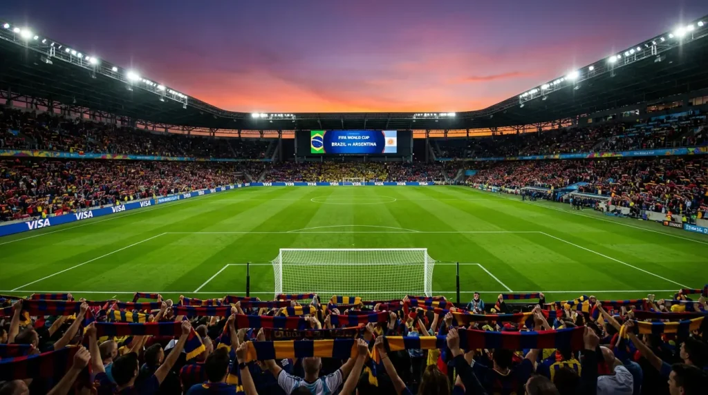 Futbola stadions ar līdzjutējiem pirms Pasaules kausa 2026 spēles